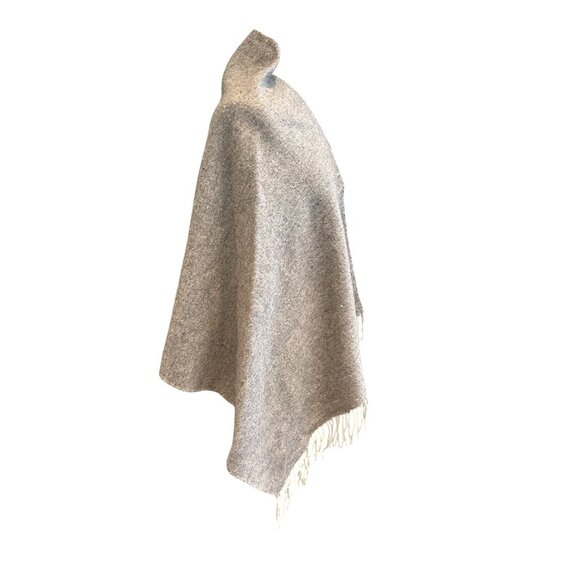 Gray Knit Shawl Wrap with Fringe & Button Closure – Cozy Boho Cape Poncho - Picture 4 of 5